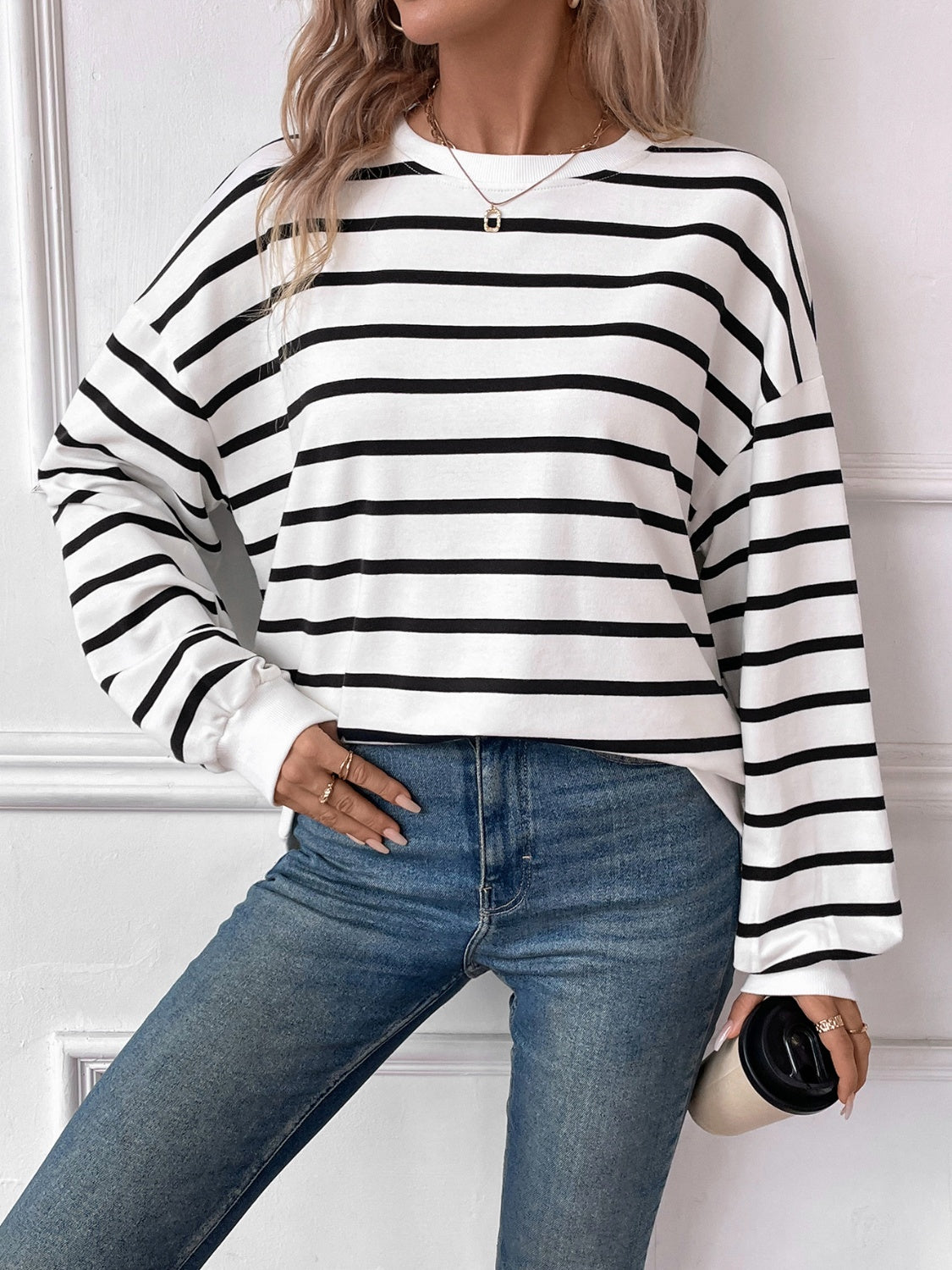 Striped Round Neck Long Sleeve Sweatshirt Orchid Unique 