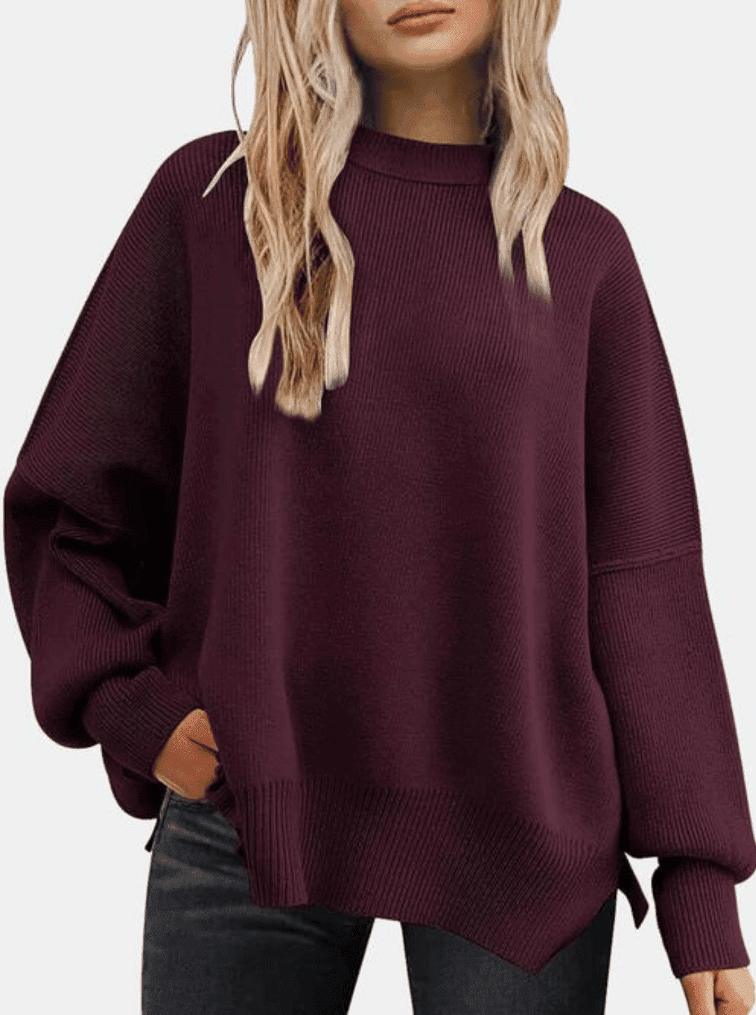 Round Neck Drop Shoulder Slit Sweater Orchid Unique 