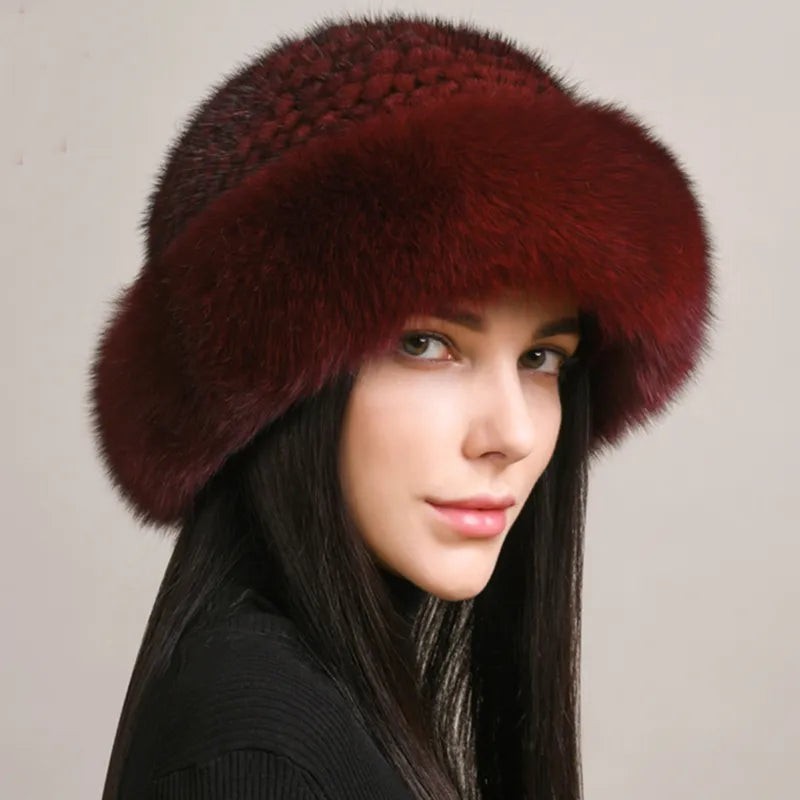 New Genuine Real Natural Knitted Mink Fur Hat Orchid Unique 