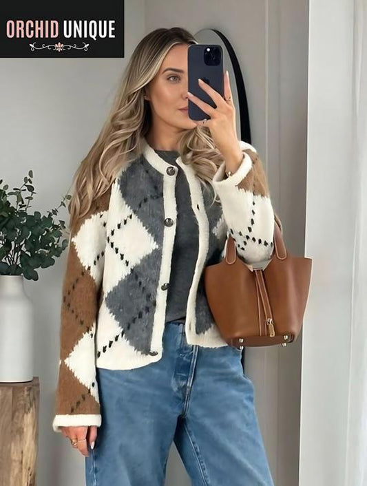 Autumn Plaid Printed Knitted Cardigan