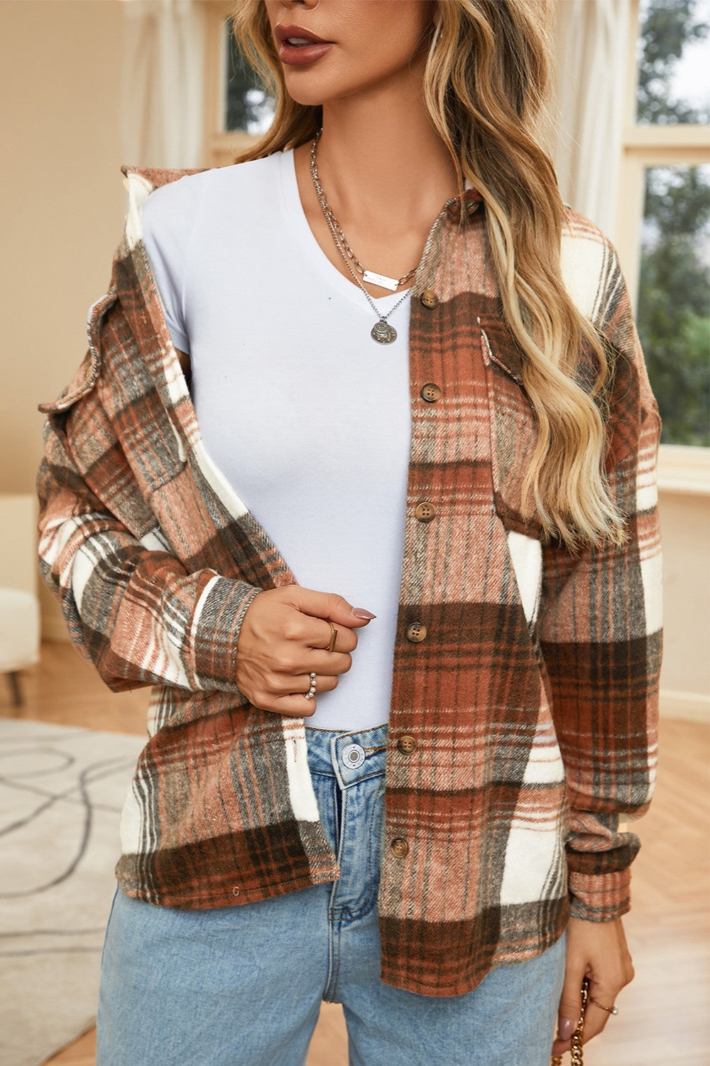 Double Take Plaid Dropped Shoulder Shacket Orchid Unique 