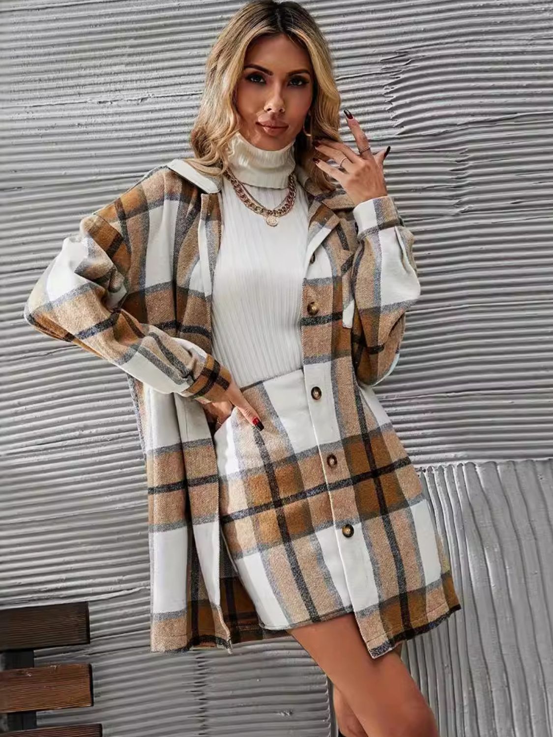 Plaid Button Up Long Sleeve Coat and Skirt Set Orchid Unique 