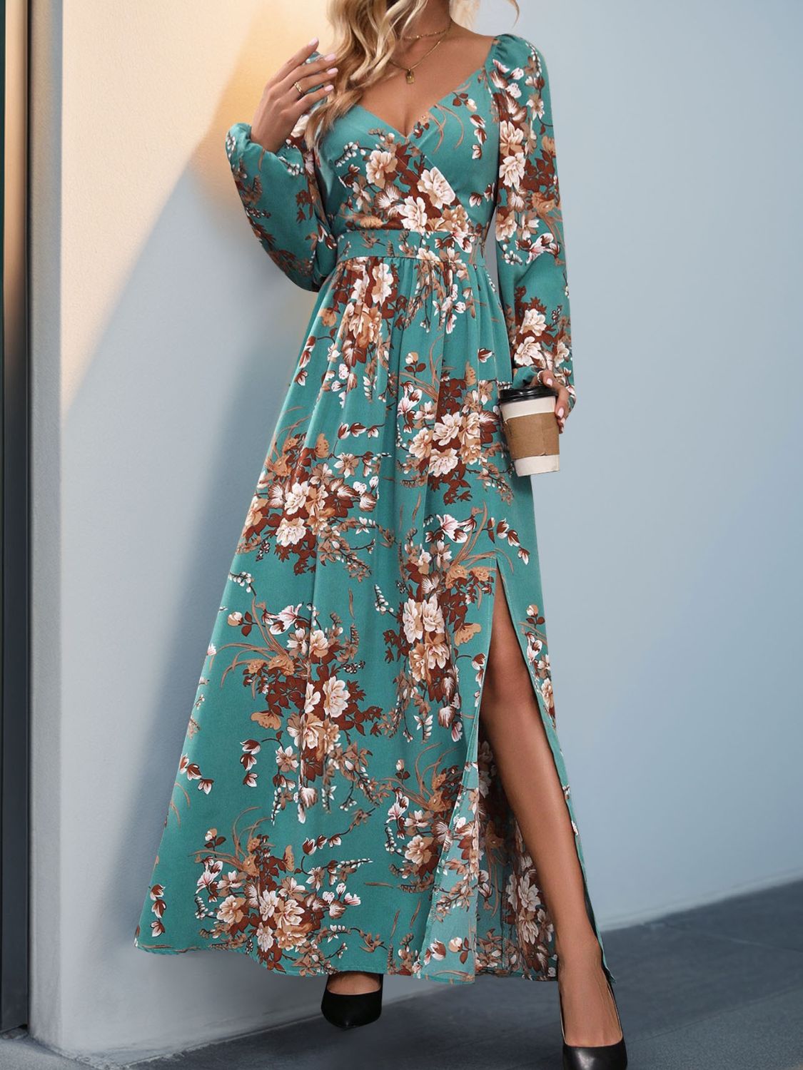 Slit Printed Surplice Long Sleeve Maxi Dress Orchid Unique 