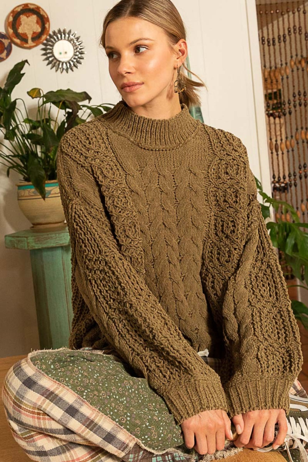 POL Mock Neck Cable Knit Sweater Orchid Unique 