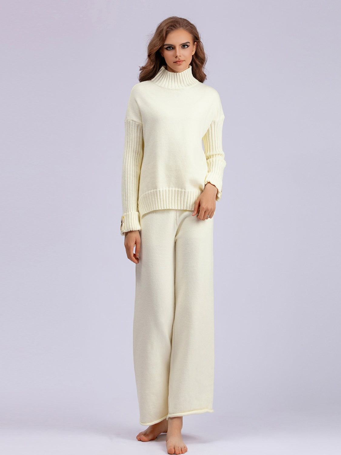 Basic Bae High- Low Turtleneck Long Sleeve Top and Pants Sweater Set Orchid Unique 