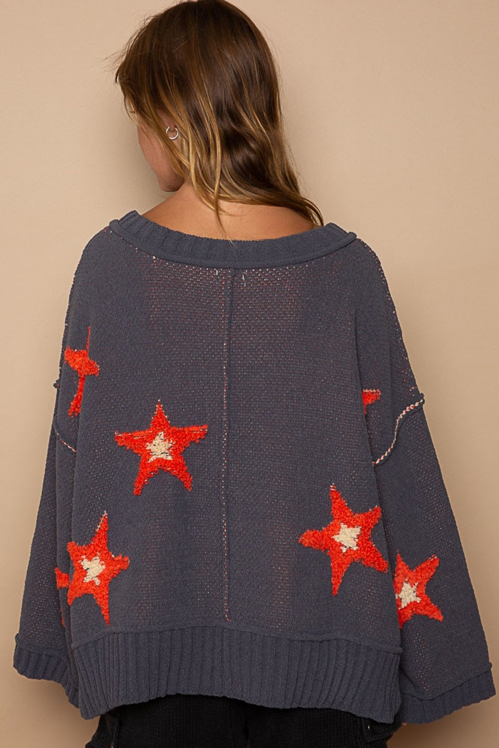 POL Long Sleeve Star Patch Sweater Orchid Unique 