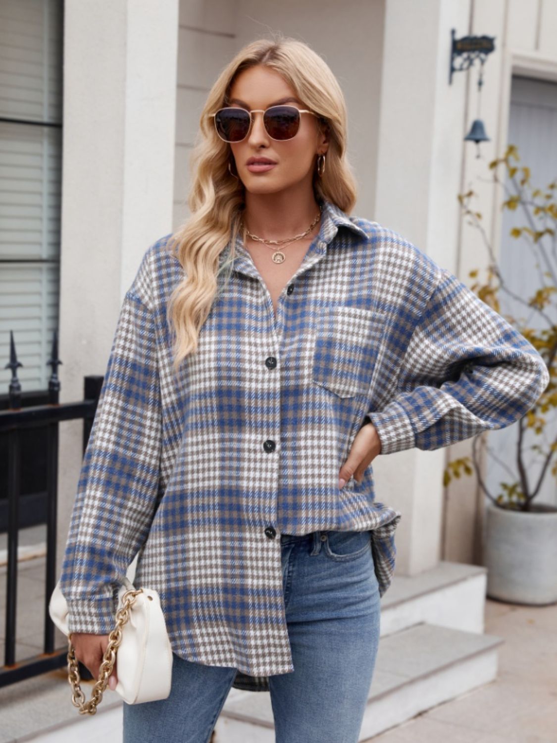 Pocketed Plaid Collared Neck Long Sleeve Shirt Orchid Unique 