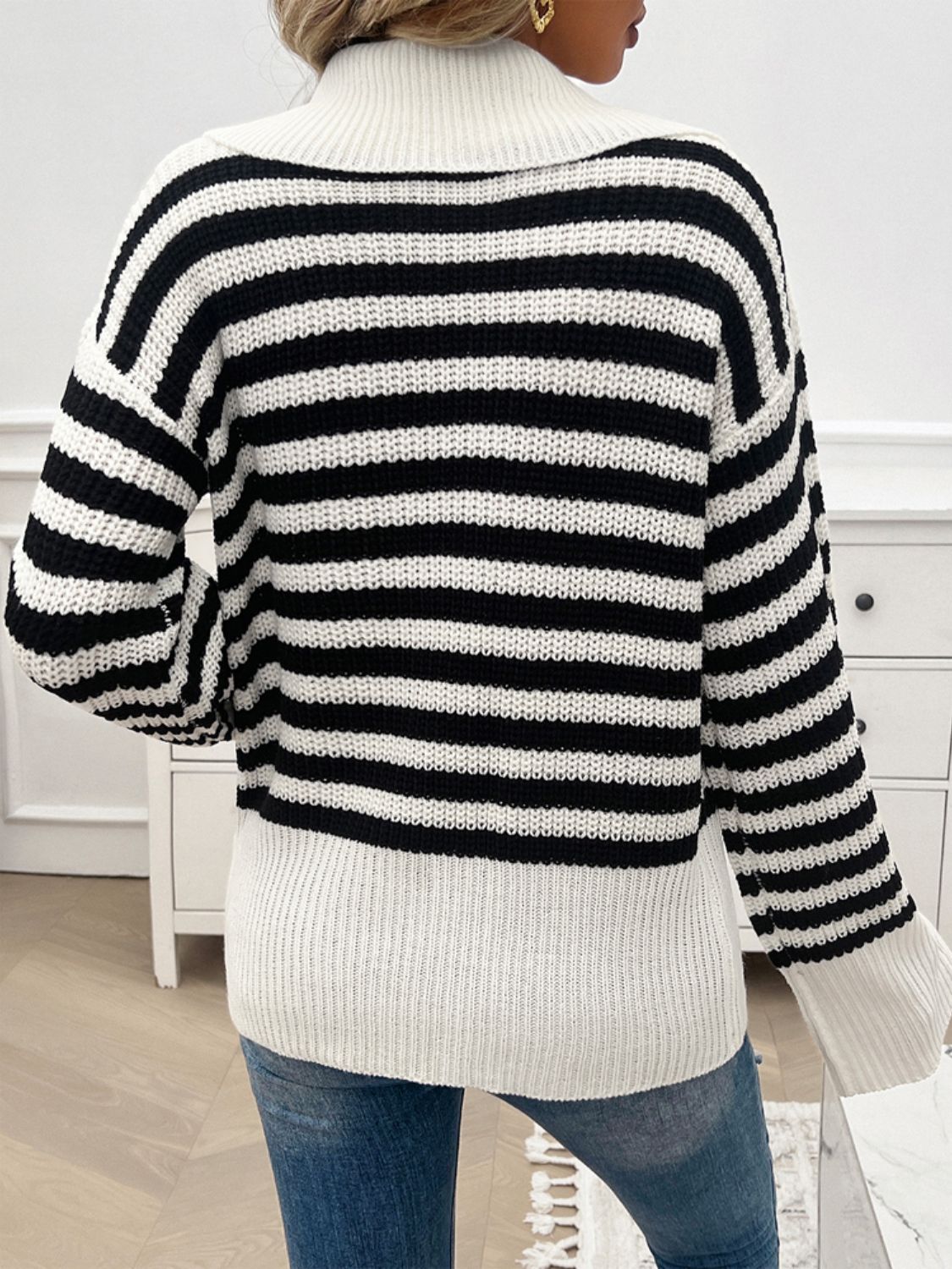 Striped Collared Neck Long Sleeve Sweater Orchid Unique 