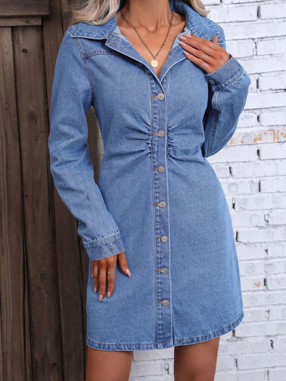 Ruched Button Up Long Sleeve Denim Dress Orchid Unique 