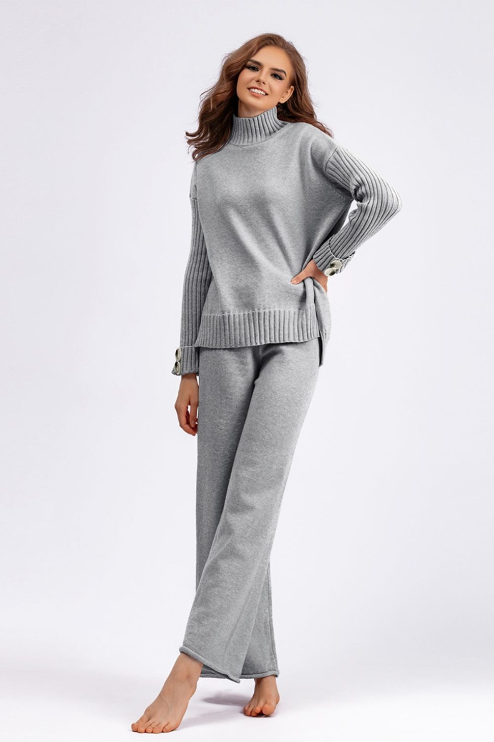 Basic Bae High- Low Turtleneck Long Sleeve Top and Pants Sweater Set Orchid Unique 