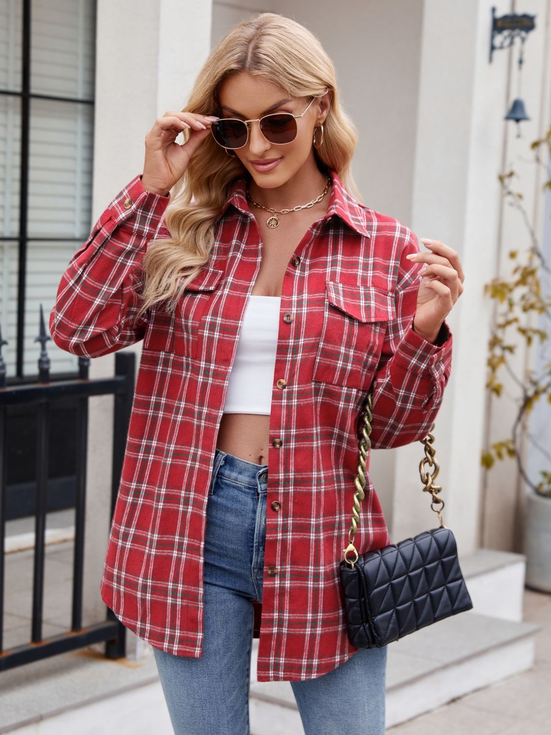 Plaid Button Up Long Sleeve Shirt Orchid Unique 