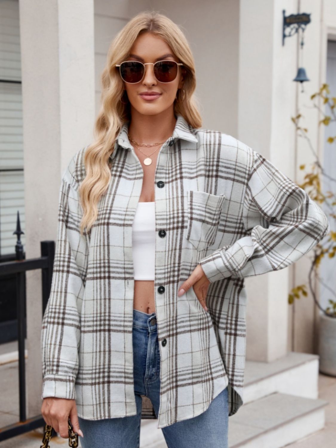 Pocketed Plaid Collared Neck Long Sleeve Shirt Orchid Unique 