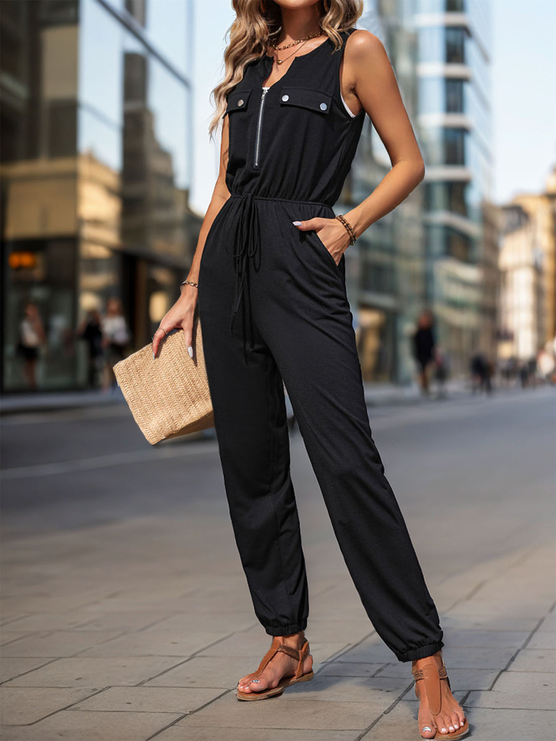 Half Zip Sleeveless Jumpsuit with Pockets Orchid Unique 