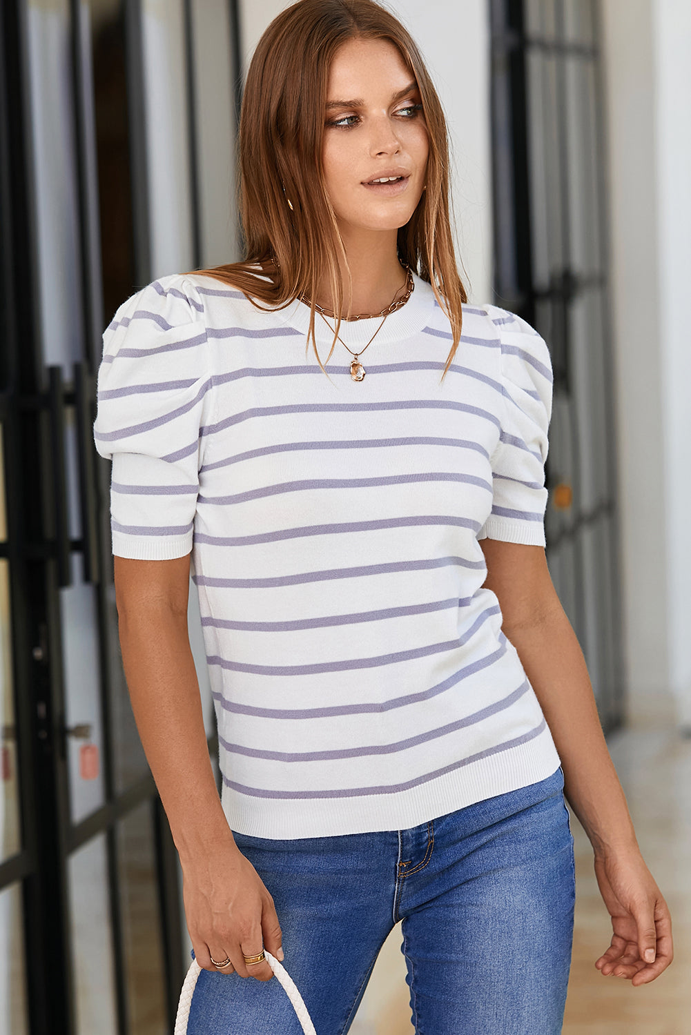 Striped Round Neck Puff Sleeve Knit Top Orchid Unique 