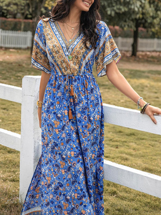 Slit Printed V-Neck Half Sleeve Maxi Dress Orchid Unique 