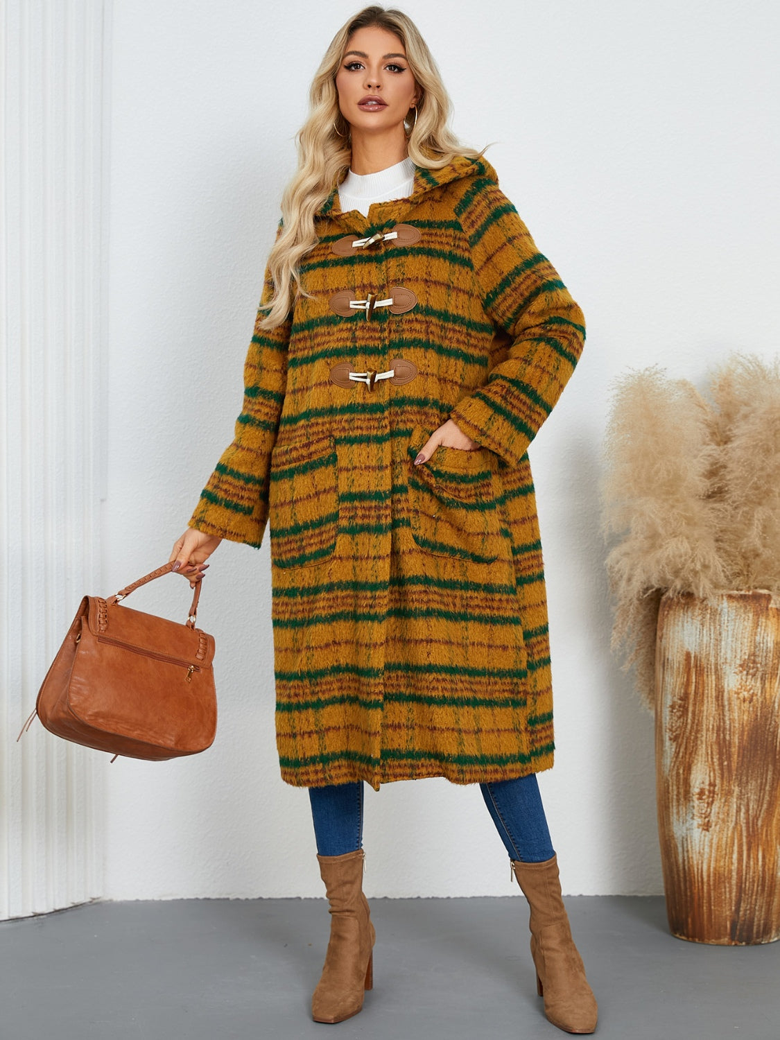 Plaid Long Sleeve Hooded Coat with Pockets Orchid Unique 