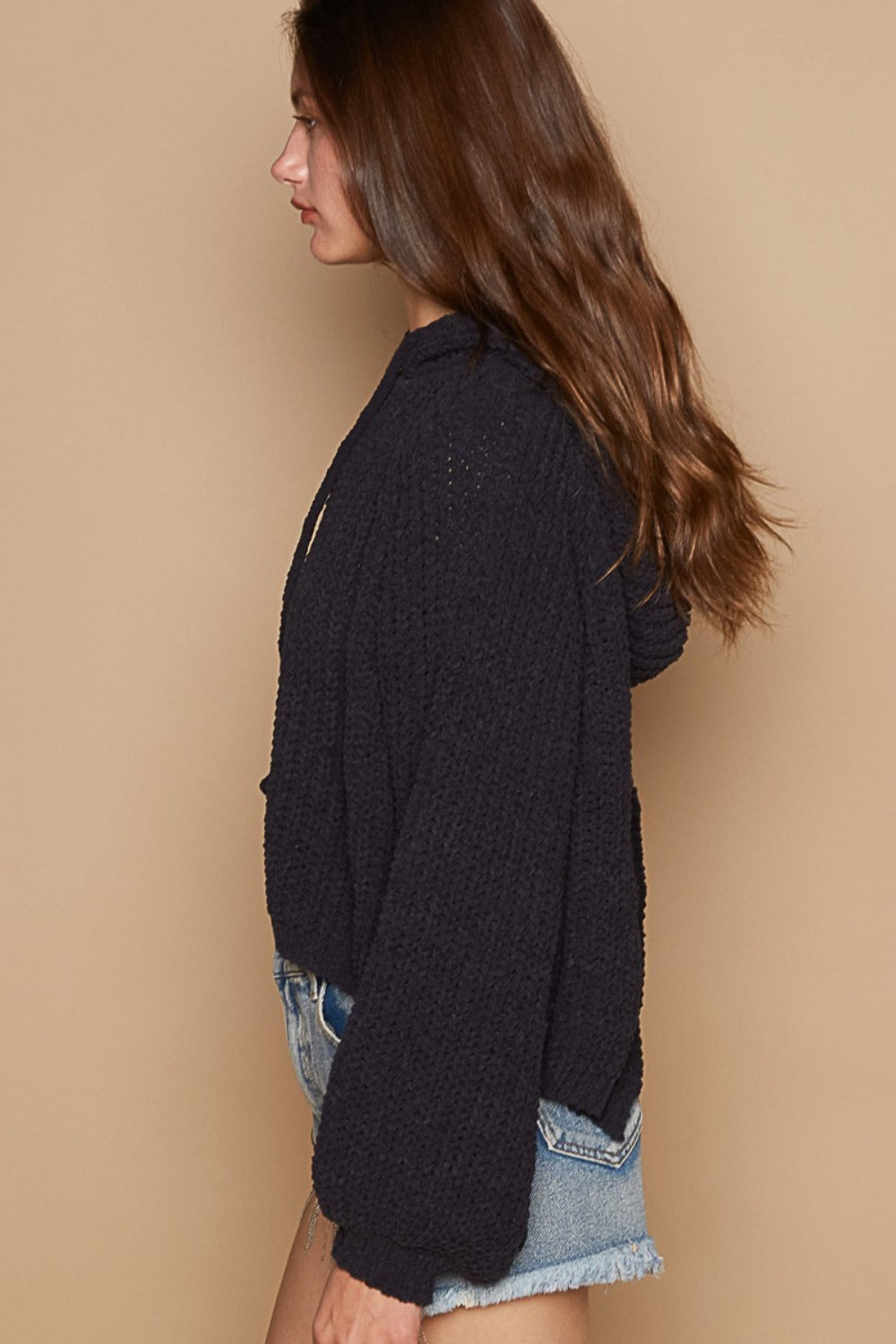 POL Back Open Slit Balloon Sleeve Crop Hooded Sweater Orchid Unique 