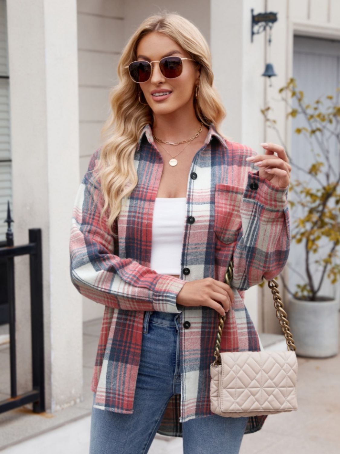 Pocketed Plaid Collared Neck Long Sleeve Shirt Orchid Unique 