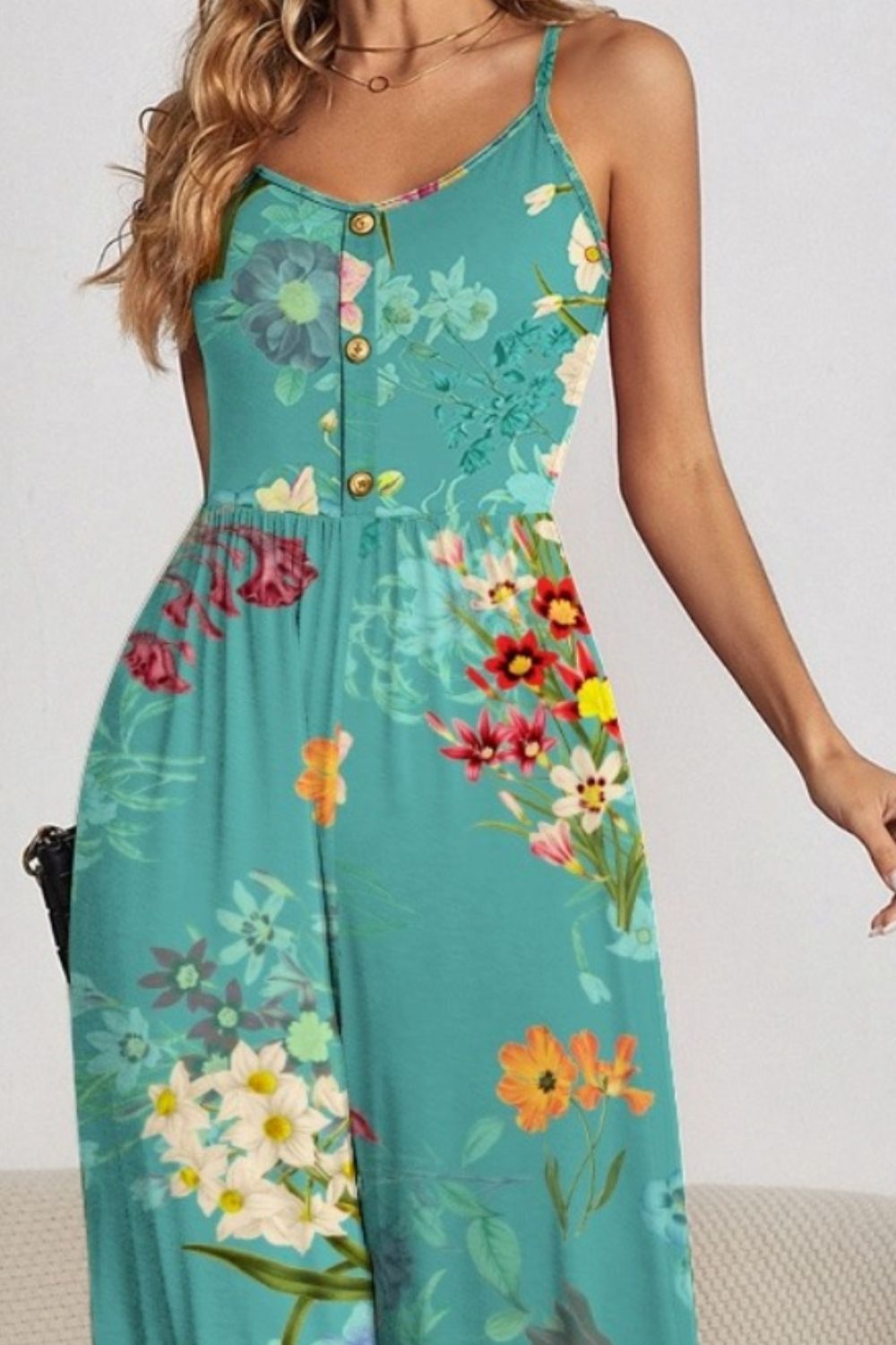 Decorative Button Spaghetti Strap Wide Leg Jumpsuit Orchid Unique 