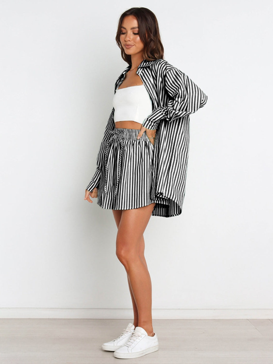 Striped Dropped Shoulder Shirt and Shorts Set Orchid Unique 