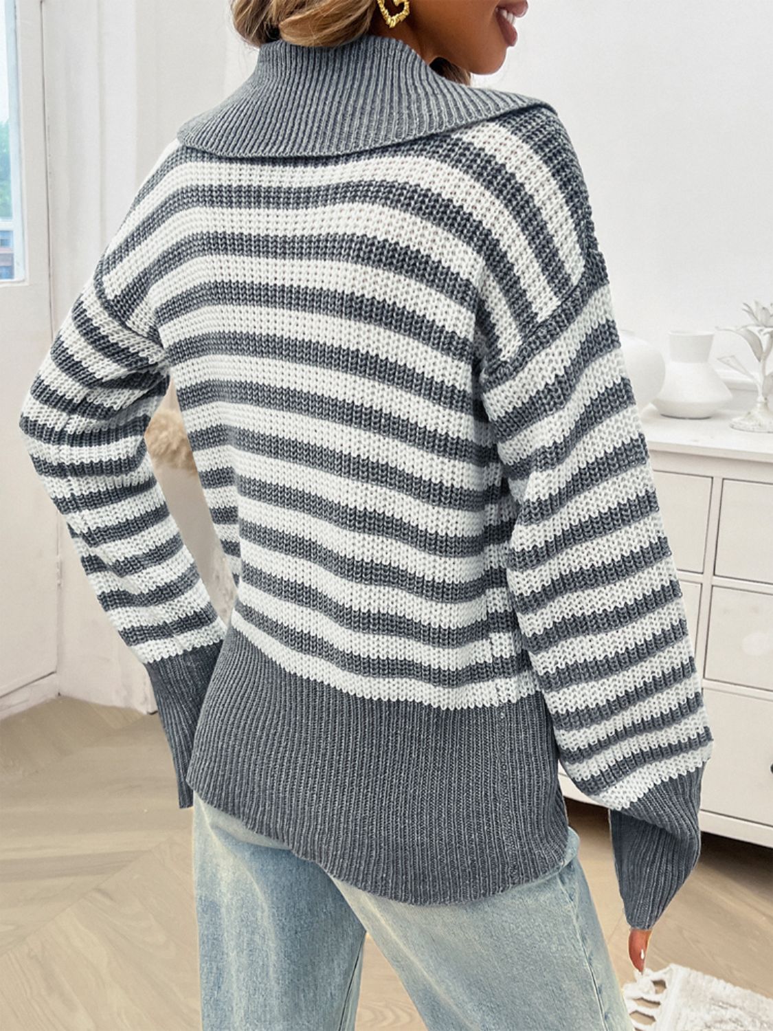 Striped Collared Neck Long Sleeve Sweater Orchid Unique 