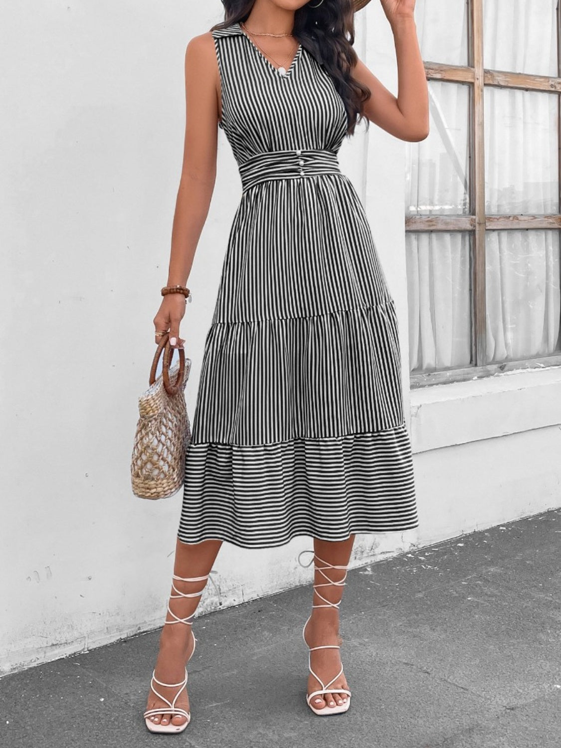 Striped Johnny Collar Sleeveless Midi Dress Orchid Unique 