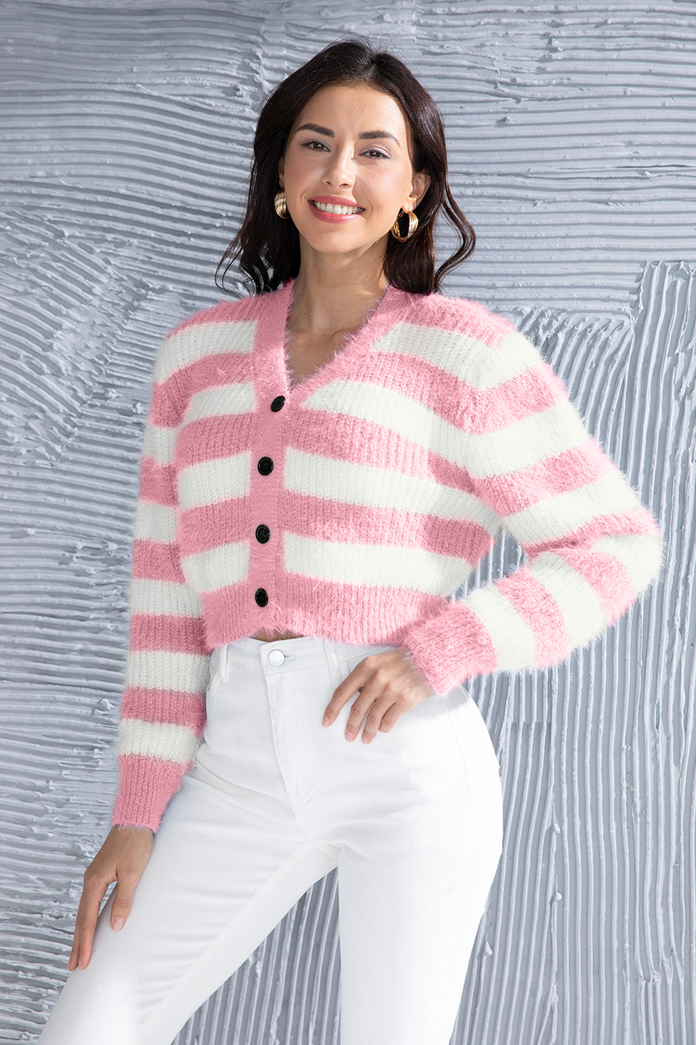 Striped Button Up Cropped Cardigan Orchid Unique 