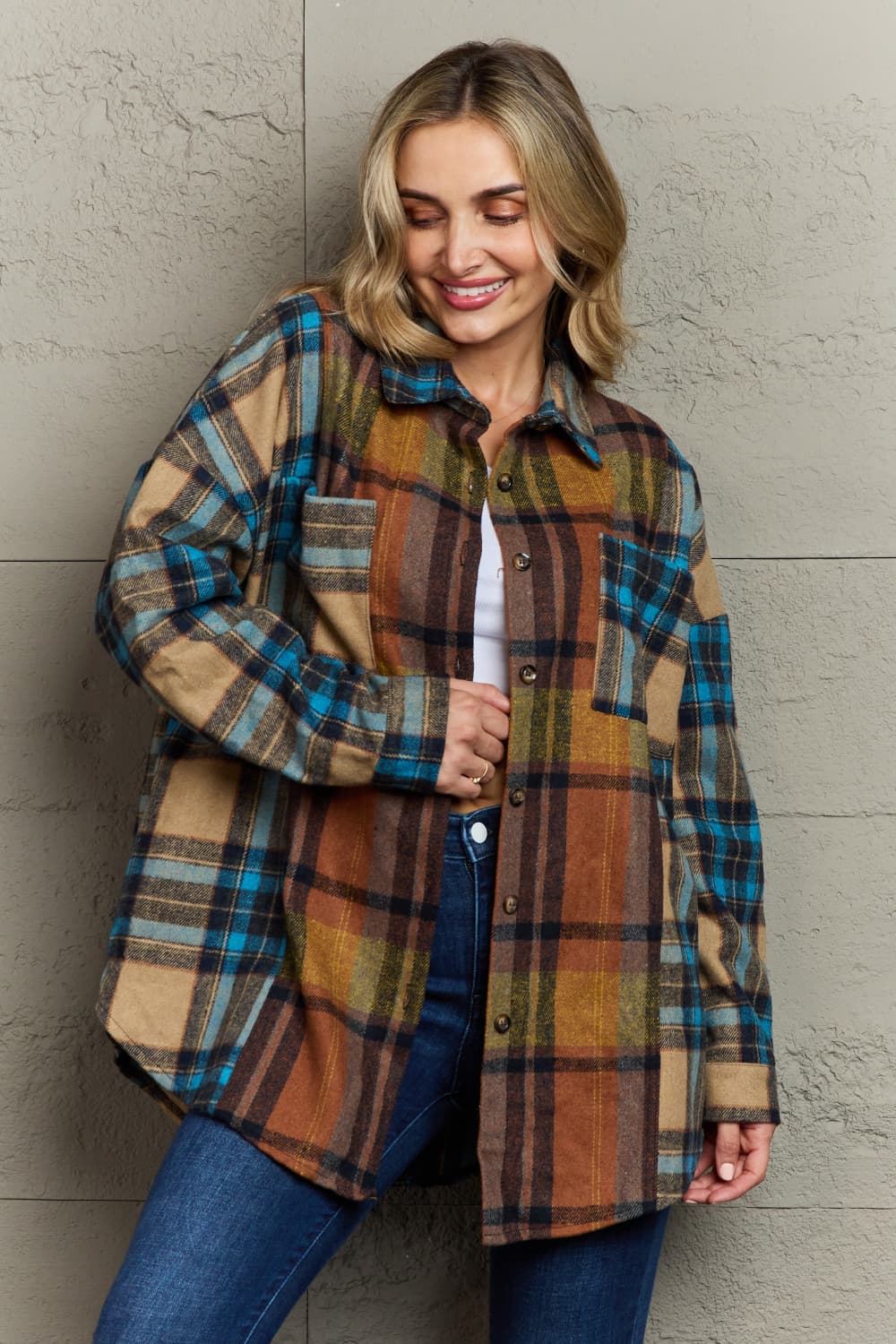 Double Take Plaid Curved Hem Shirt Jacket with Breast Pockets Orchid Unique 