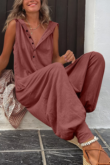 Full Size versatile Half Button Sleeveless Jumpsuit