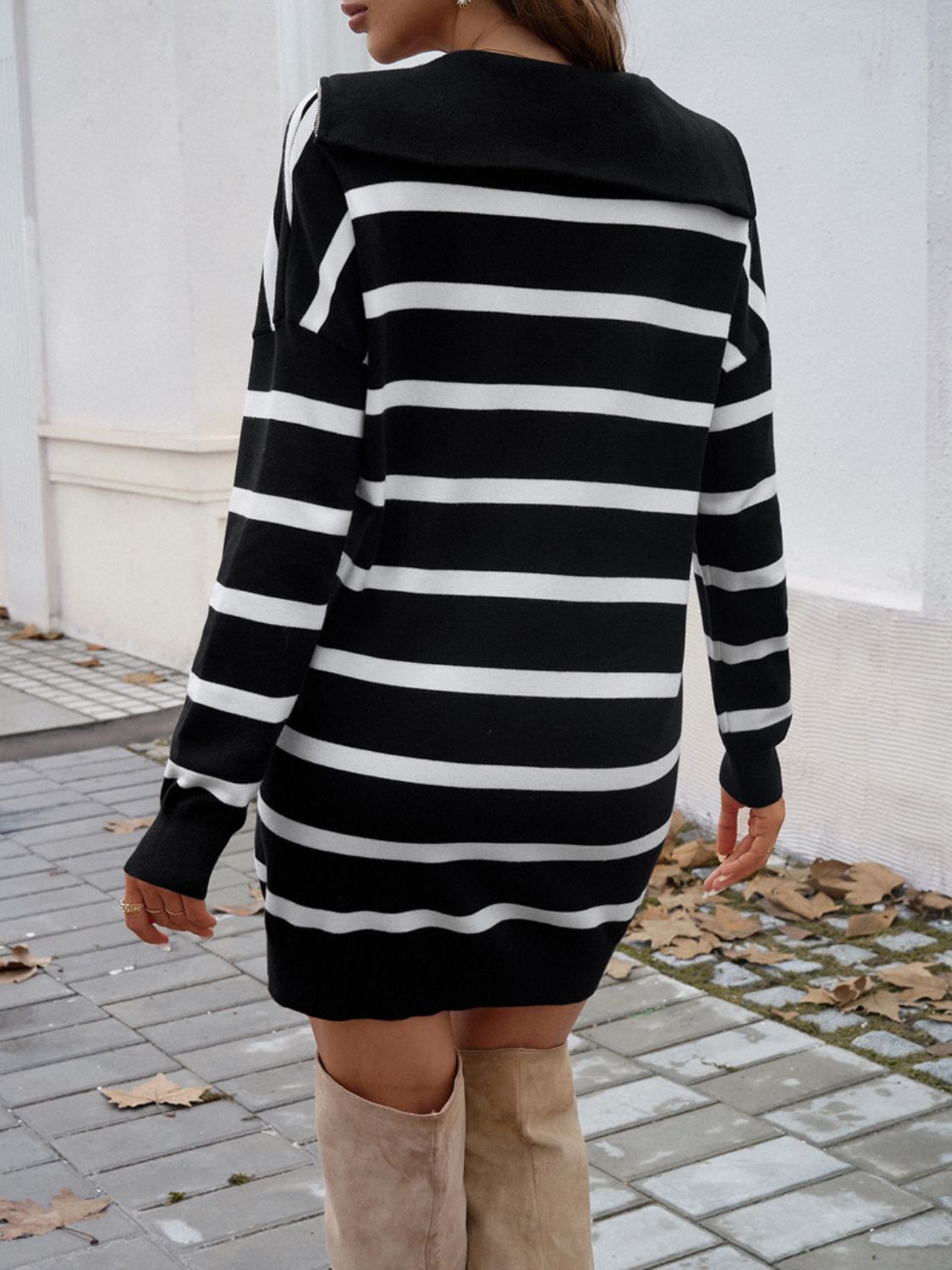 Devine Quarter Zip Striped Long Sleeve Sweater Dress Orchid Unique 