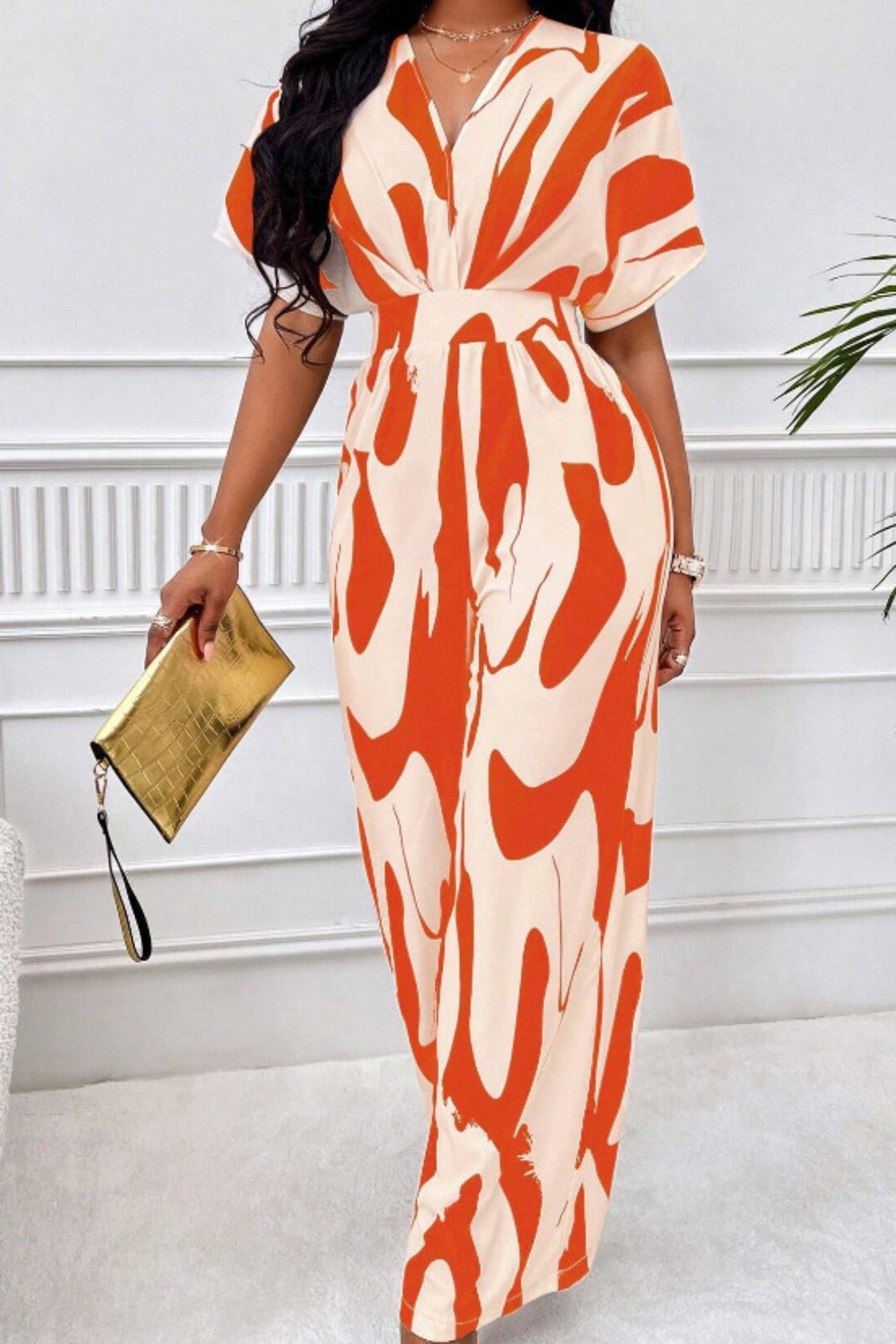 Printed V-Neck Short Sleeve Wide Leg Jumpsuit Orchid Unique 