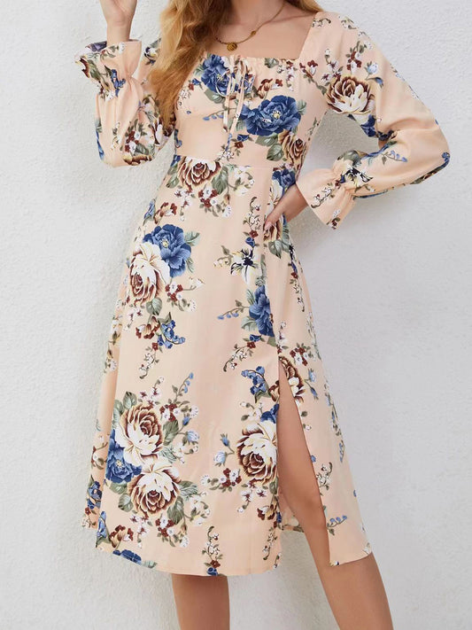 Slit Printed Square Neck Flounce Sleeve Dress Orchid Unique 