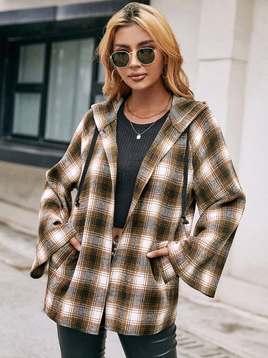 Ivy Lane Pocketed Plaid Long Sleeve Hooded Jacket Orchid Unique 