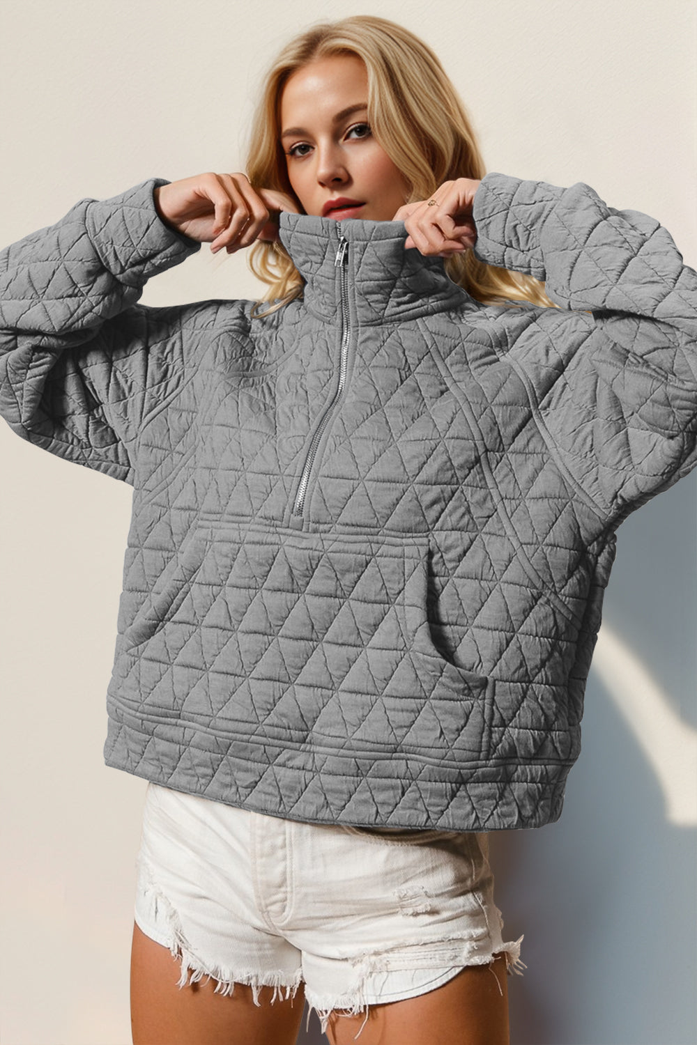 Double Take Half Zip Long Sleeve Quilted Sweatshirt with Pocket Orchid Unique 