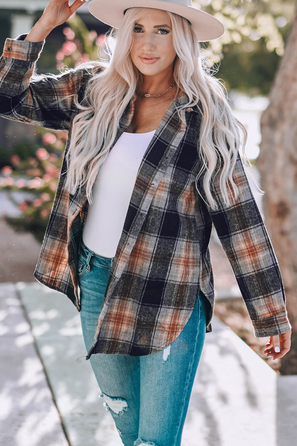 Double Take Plaid Side Slit Curved Hem Shirt Orchid Unique 