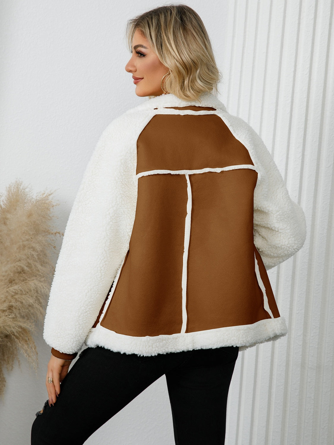 Pocketed Sherpa Zip Up Long Sleeve Jacket Orchid Unique 