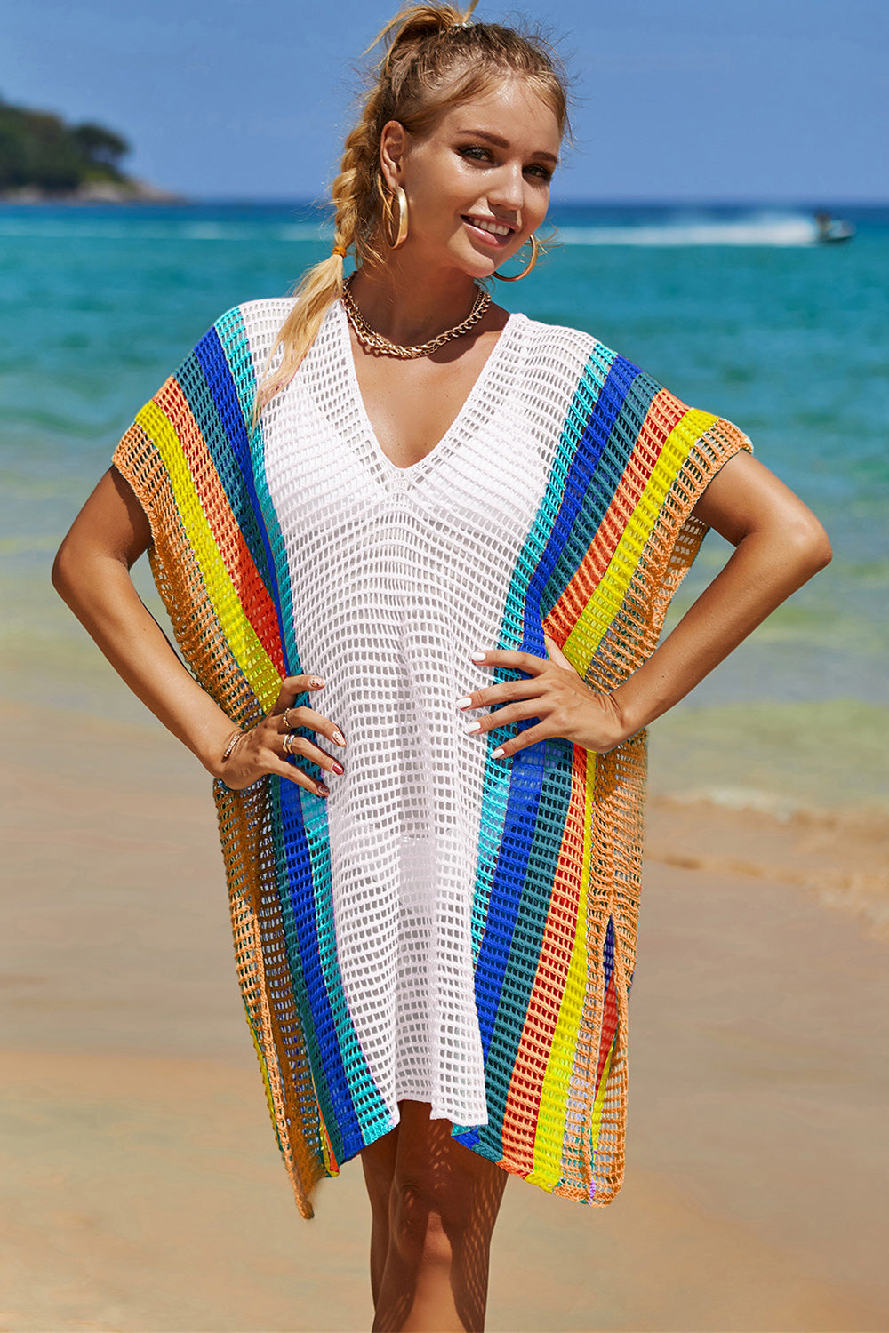 Openwork Striped Slit Knit Cover Up Orchid Unique 