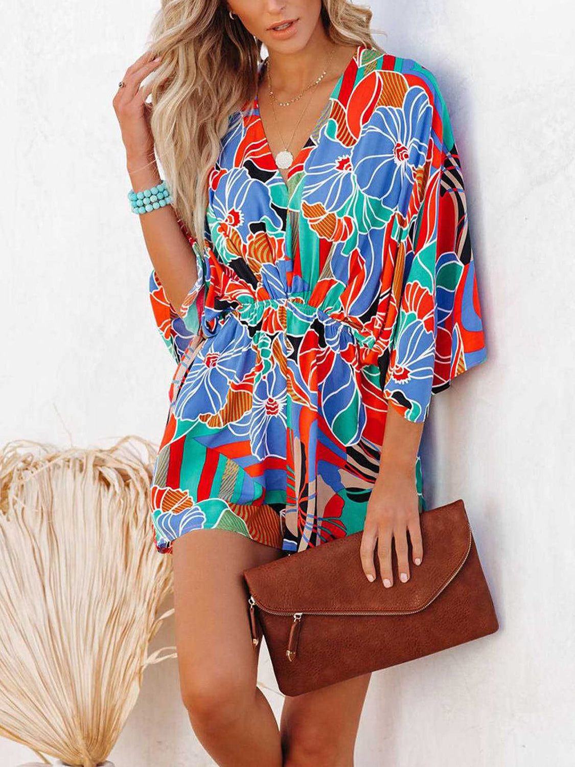 Tied Printed Kimono Sleeve Romper Orchid Unique 