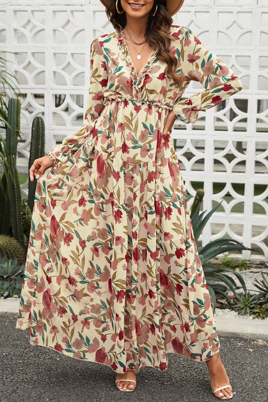 Floral Frill Trim Flounce Sleeve Plunge Maxi Dress Orchid Unique 