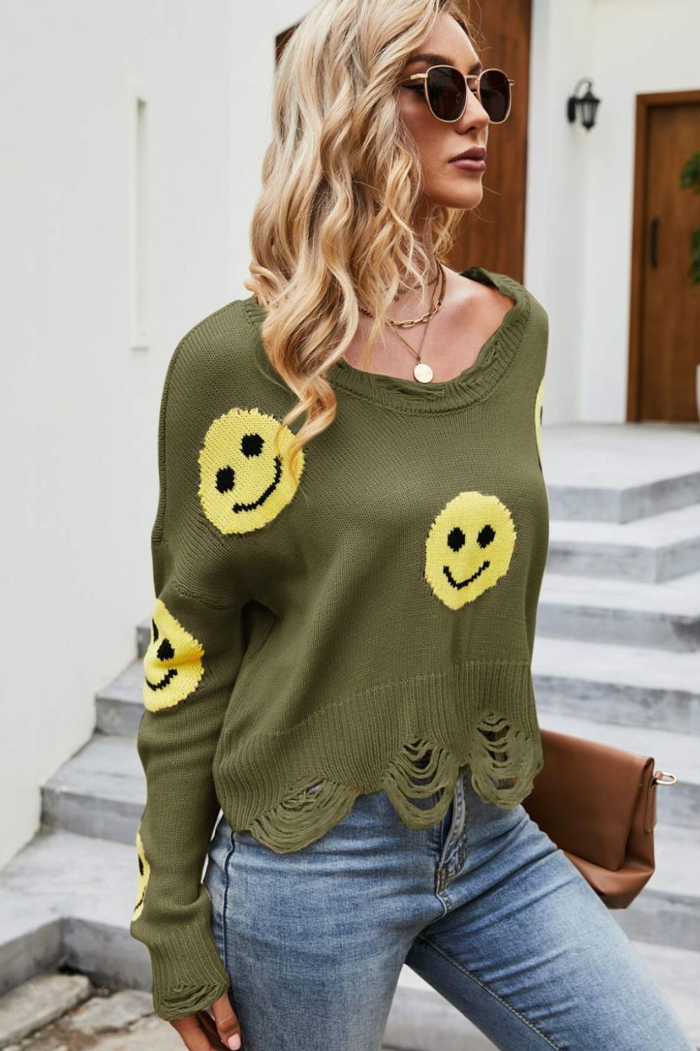 Smiley Face Distressed Round Neck Sweater Orchid Unique 