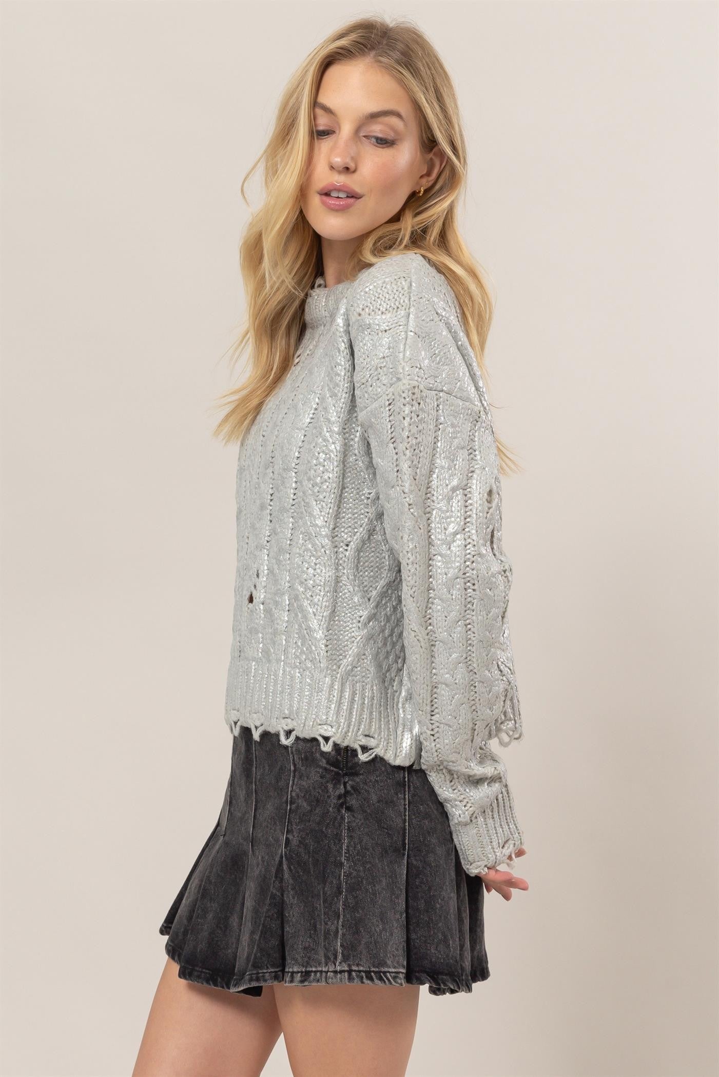 HYFVE Distressed Cable-Knit Round Neck Long Sleeve Sweater Orchid Unique 