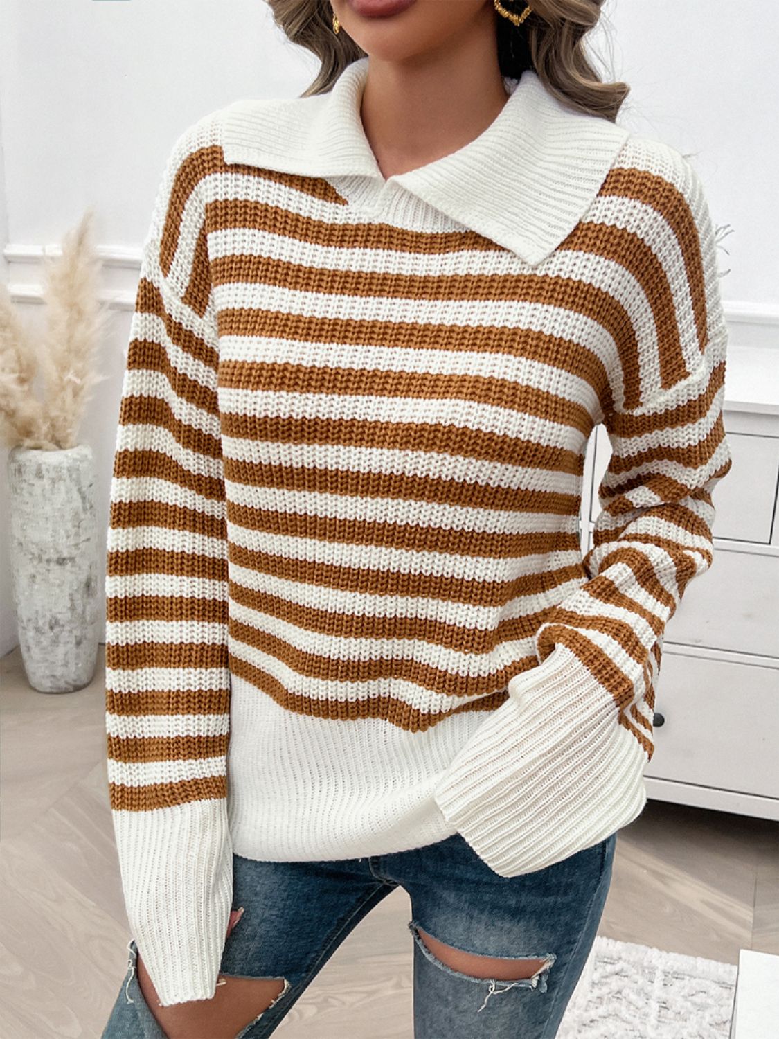 Striped Collared Neck Long Sleeve Sweater Orchid Unique 