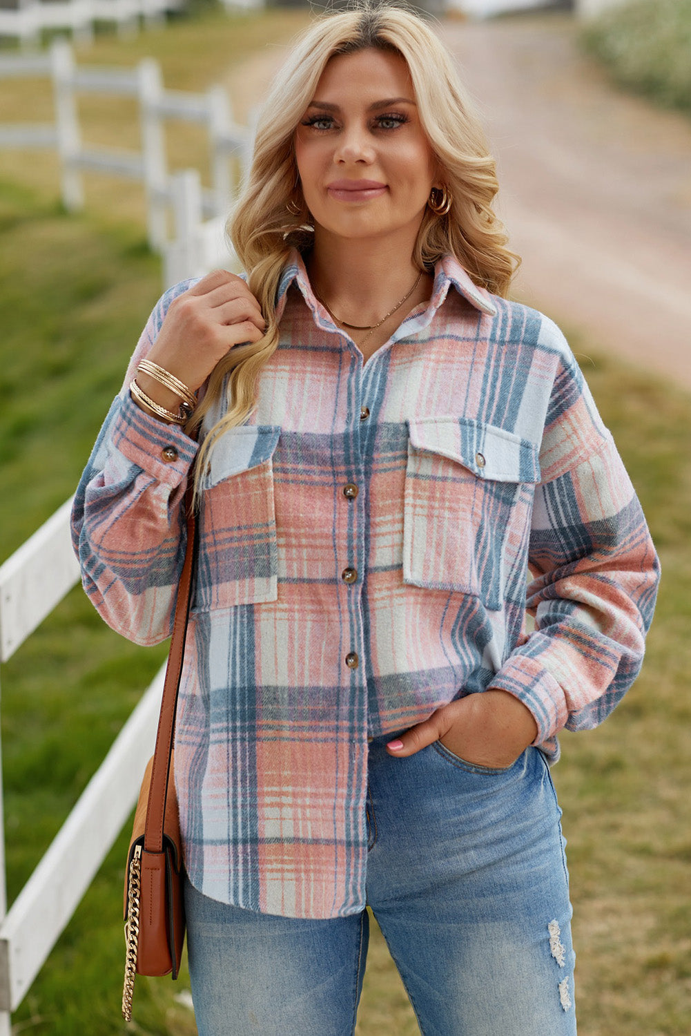 Double Take Plaid Dropped Shoulder Shacket Orchid Unique 