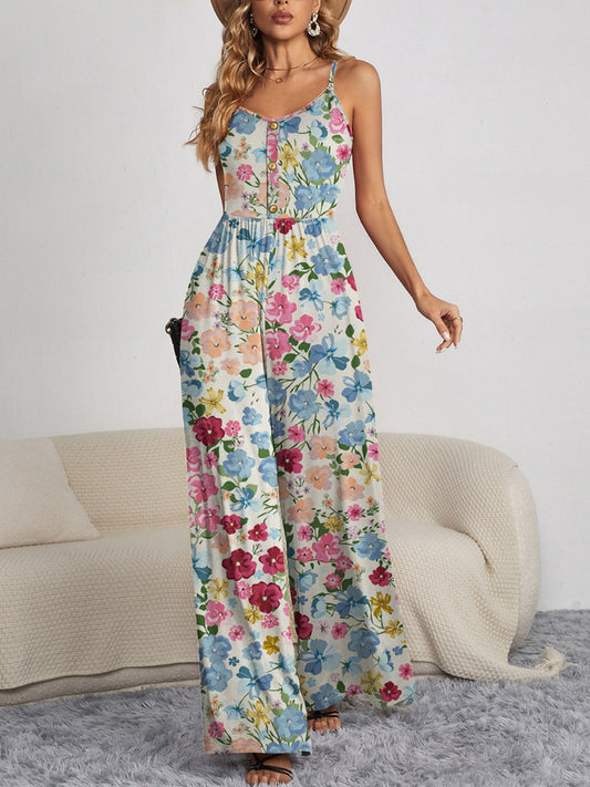 Decorative Button Spaghetti Strap Wide Leg Jumpsuit Orchid Unique 