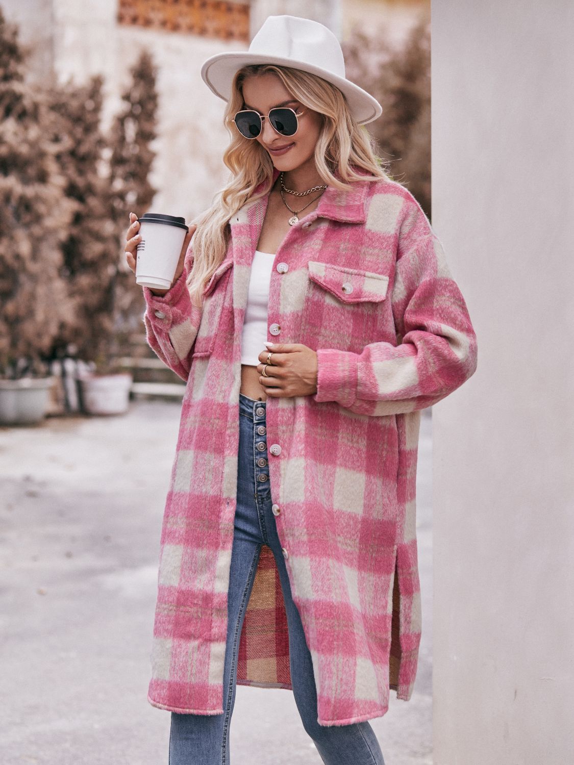 Mandy Plaid Dropped Shoulder Slit Coat Orchid Unique 