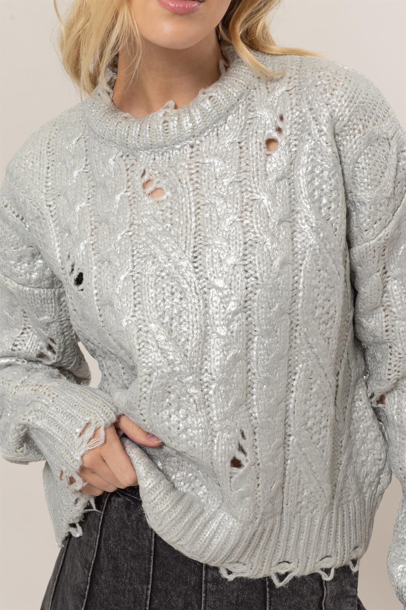 HYFVE Distressed Cable-Knit Round Neck Long Sleeve Sweater Orchid Unique 