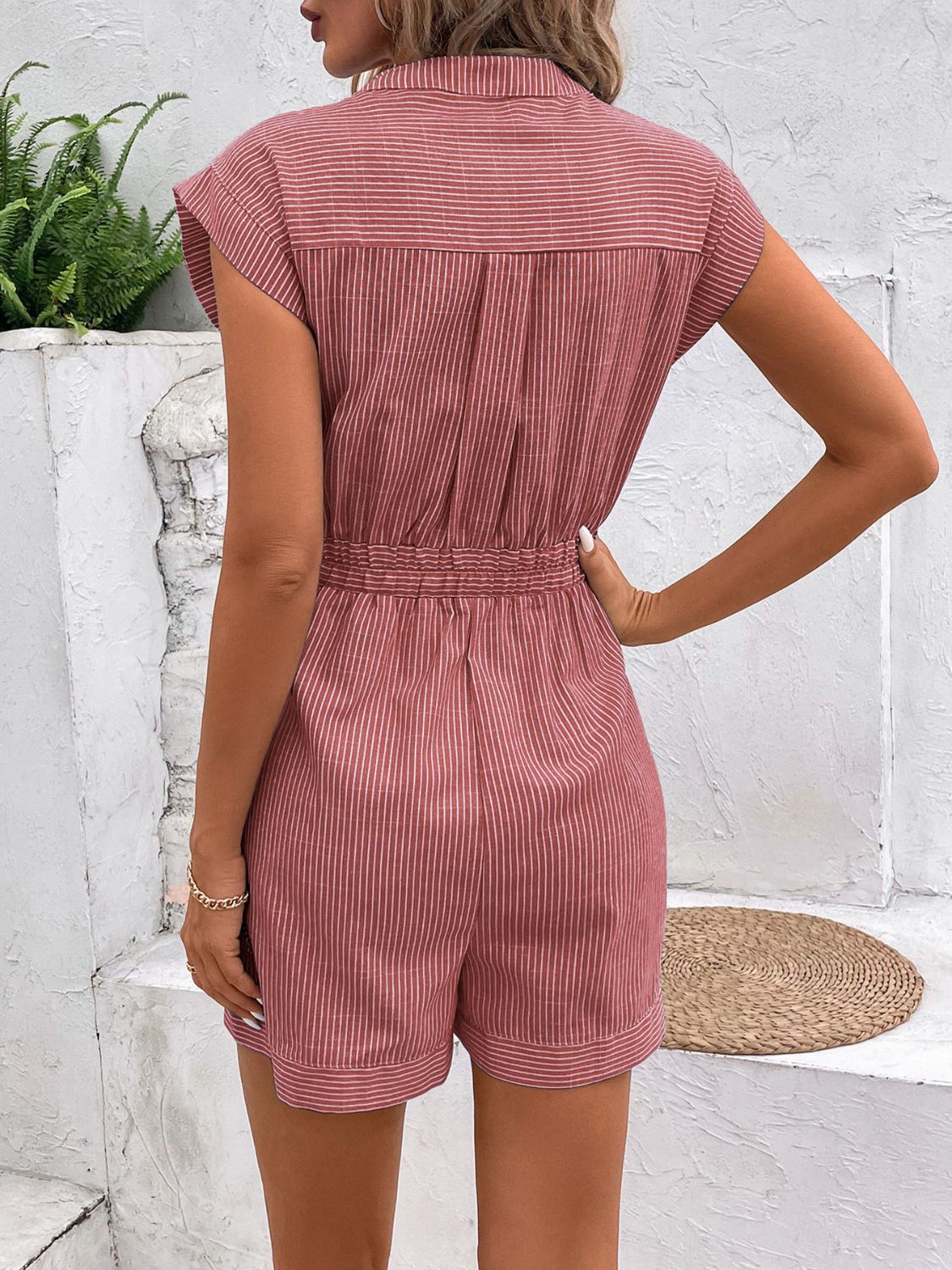 Casual Striped Romper with Notched Tie Wais Orchid Unique 