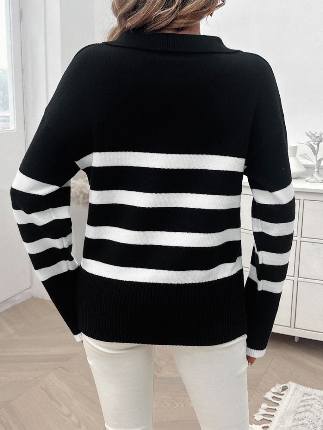 Striped Collared Neck Long Sleeve Sweater Orchid Unique 