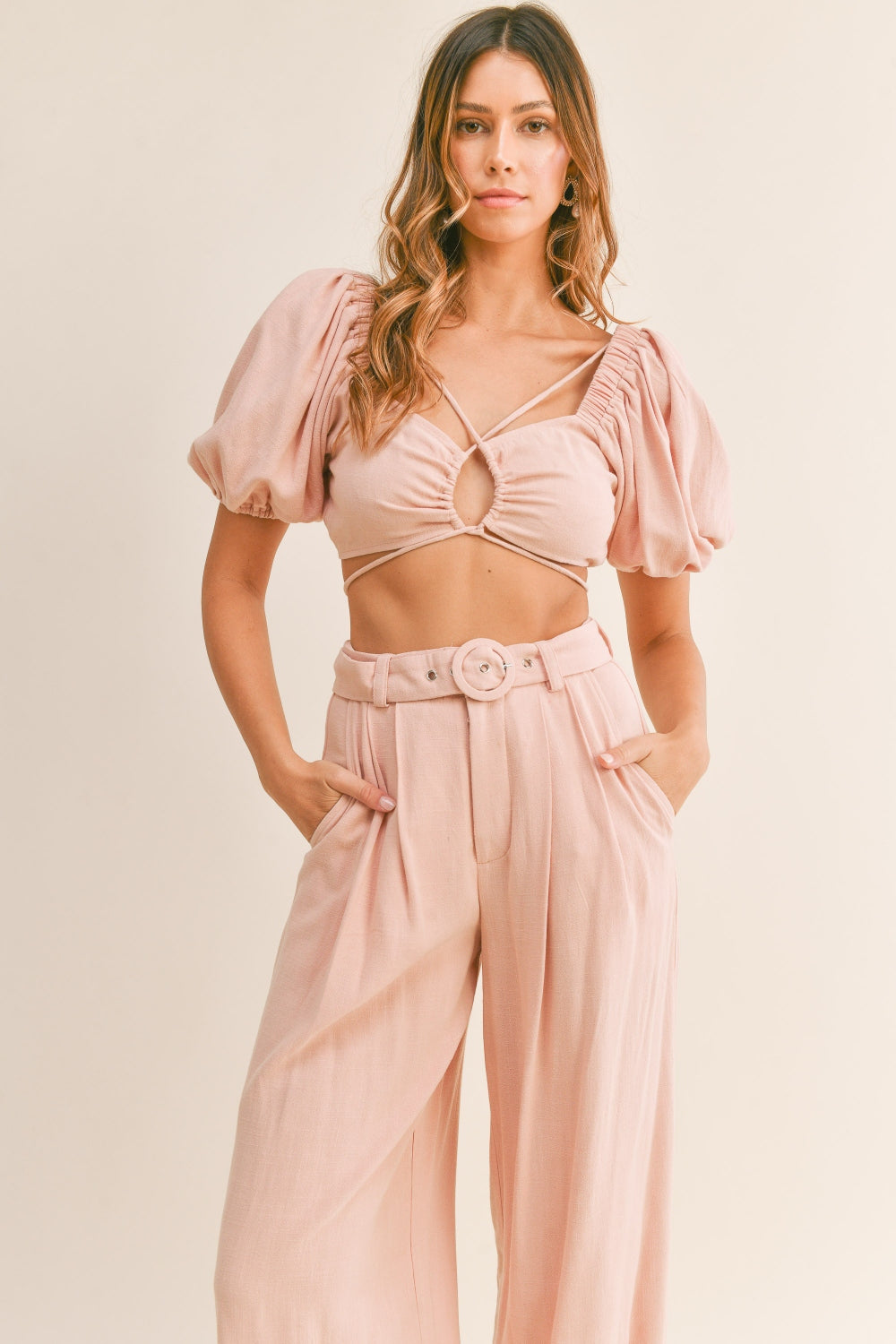 MABLE Cut Out Drawstring Crop Top and Belted Pants Set Orchid Unique 