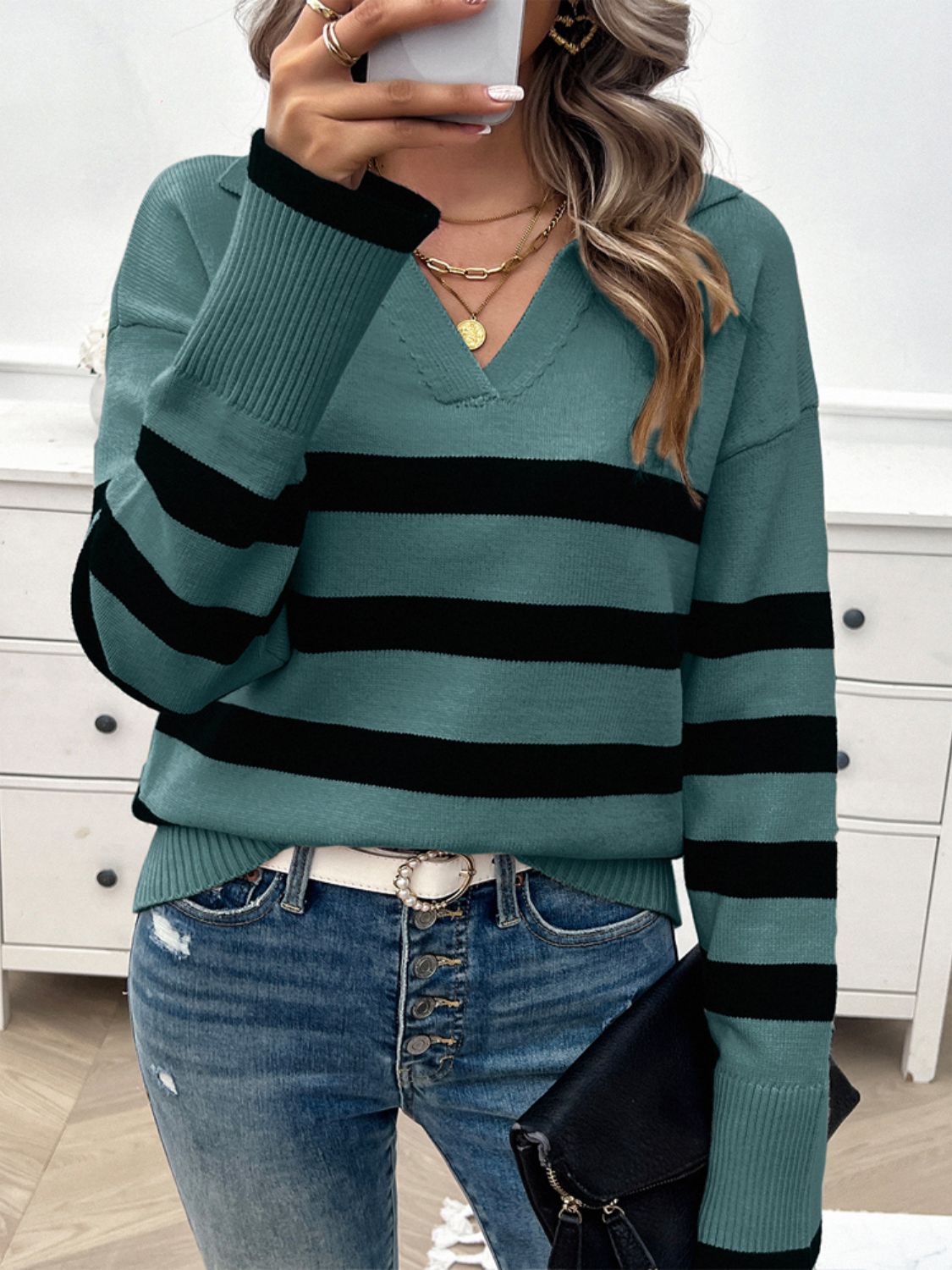 Striped Collared Neck Long Sleeve Sweater Orchid Unique 